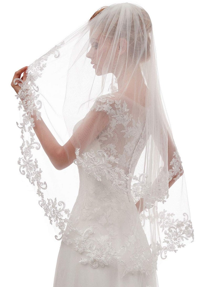 Webefun Women's Short Lace Wedding Bridal Veil With Comb 90cm White Ivory Embroidered Applique Veil for Bridal Party Favors Cosplay Accessories - Image 1